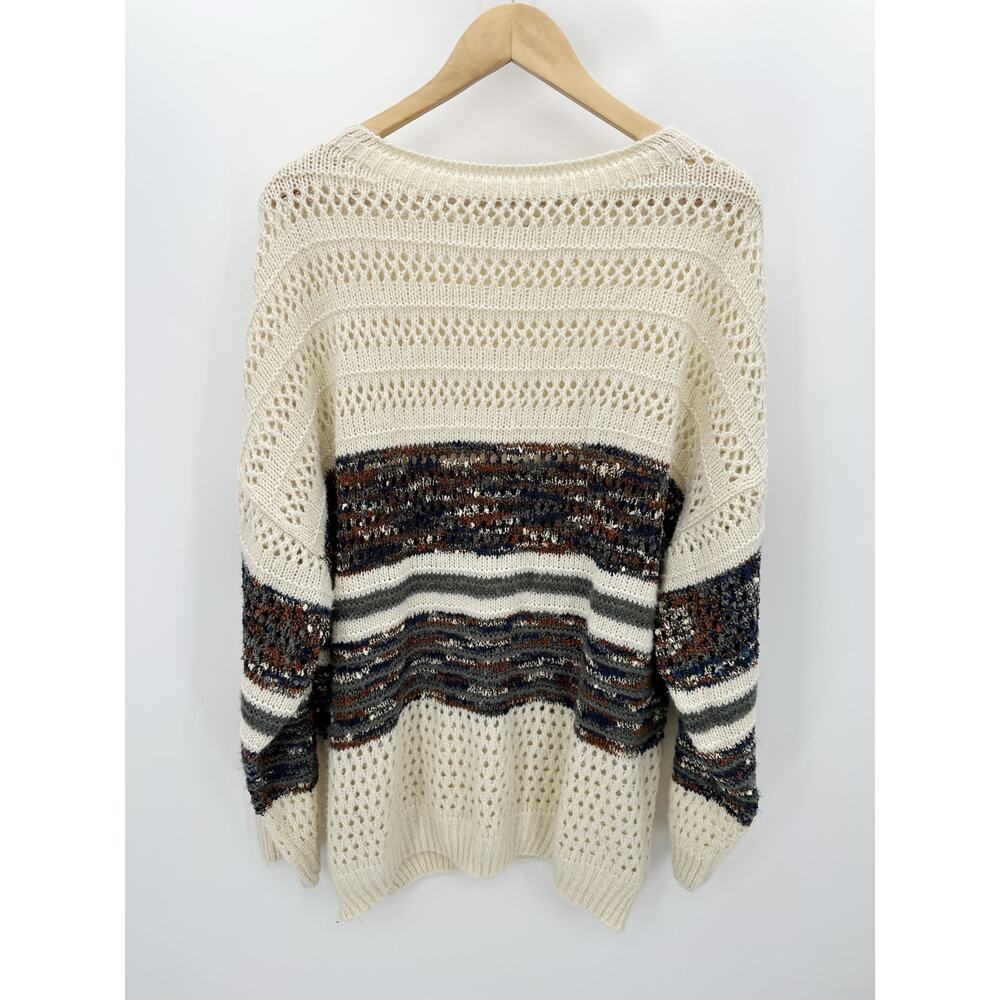 Chicsoul Womens 2X Cream Brown Striped Knit Pullover Sweater Chunky Cozy Casual